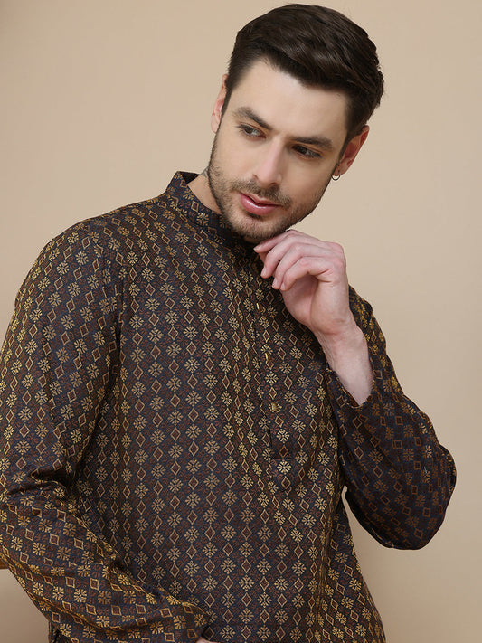 Jacquard Silk Straight Kurtas ( KO 5211 Brown )