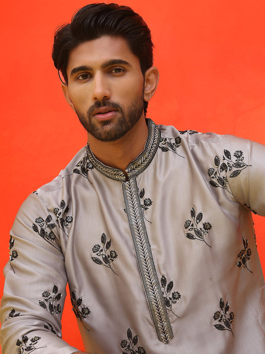 Chikankari Embroidered Kurtas For Men ( KO 5213 Grey )