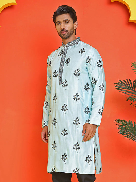 Chikankari Embroidered Kurtas For Men ( KO 5213 Sky )