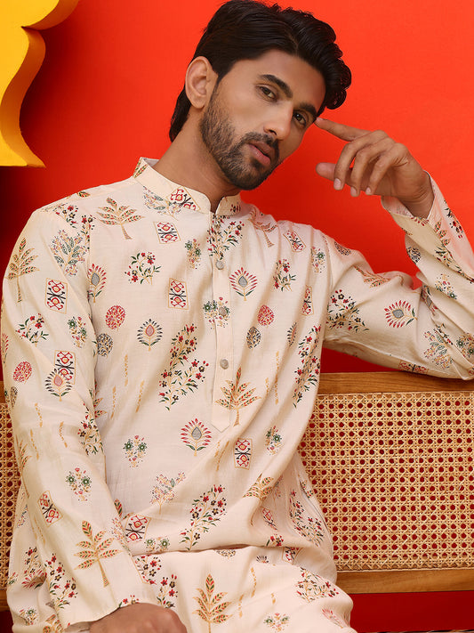 Printed Silk Blend Straight Kurta with Pyajama ( KO 5218 Cream )