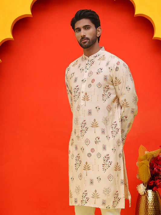 Printed Silk Blend Straight Kurtas ( KO 5218 Cream )