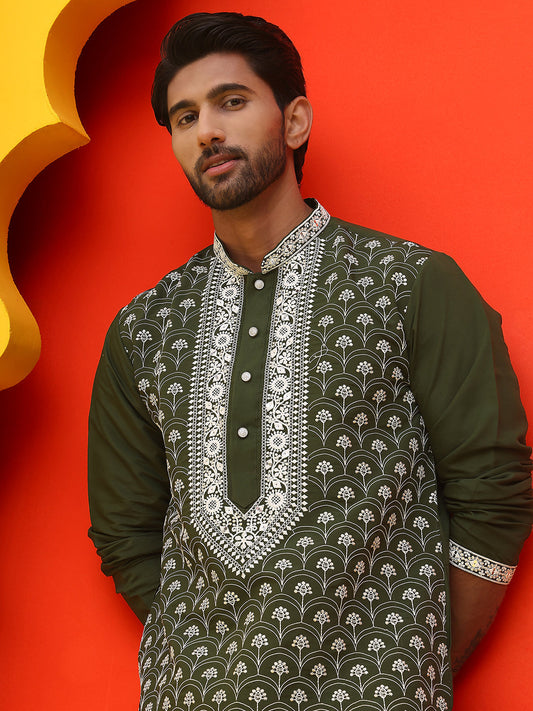 Embroidered Kurtas For Men ( KO 5220 Olive )
