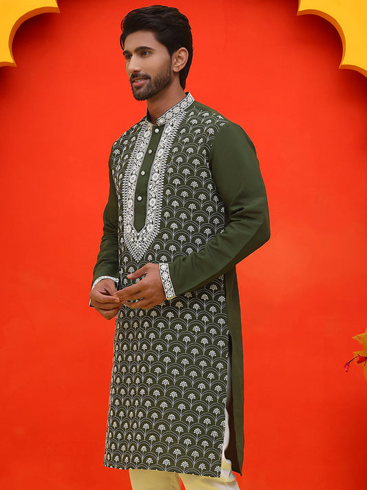 Embroidered Kurtas For Men ( KO 5220 Olive )