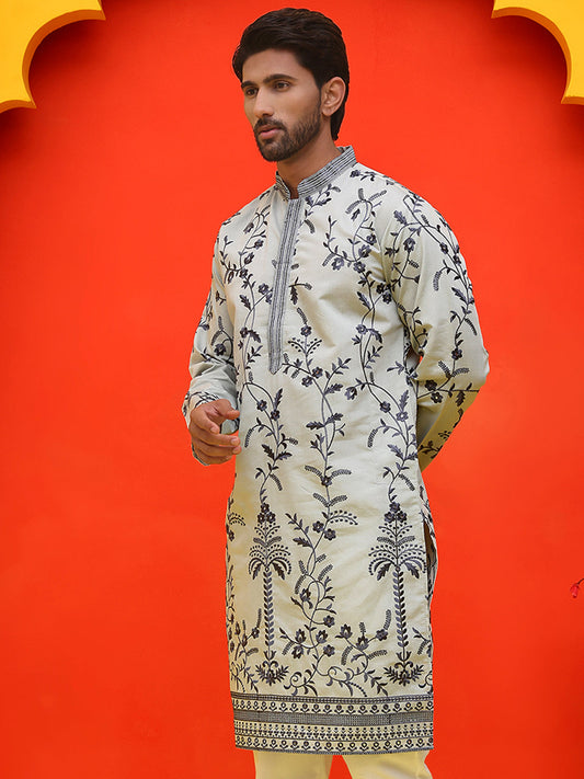Chikankari Embroidered Kurtas For Men ( KO 5221 Grey )