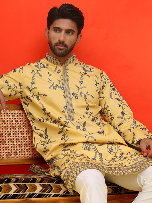 Chikankari Embroidered Kurtas For Men ( KO 5221 Yellow )