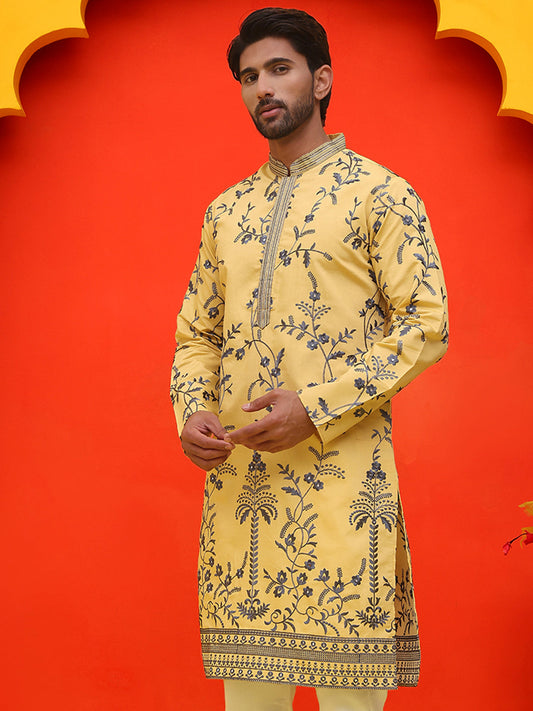Chikankari Embroidered Kurtas For Men ( KO 5221 Yellow )