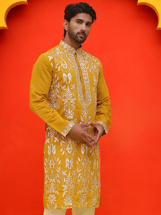 Embroidered & Sequins Kurtas For Men ( KO 5226 Mustard )