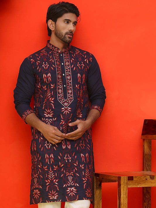 Embroidered & Sequins Kurtas For Men ( KO 5226 Navy )