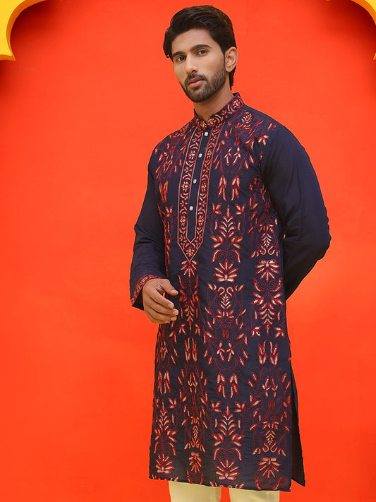 Embroidered & Sequins Kurtas For Men ( KO 5226 Navy )