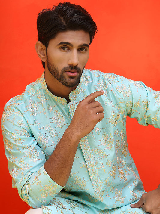 Men's Embroidered Kurtas ( KO 5229 Sky )