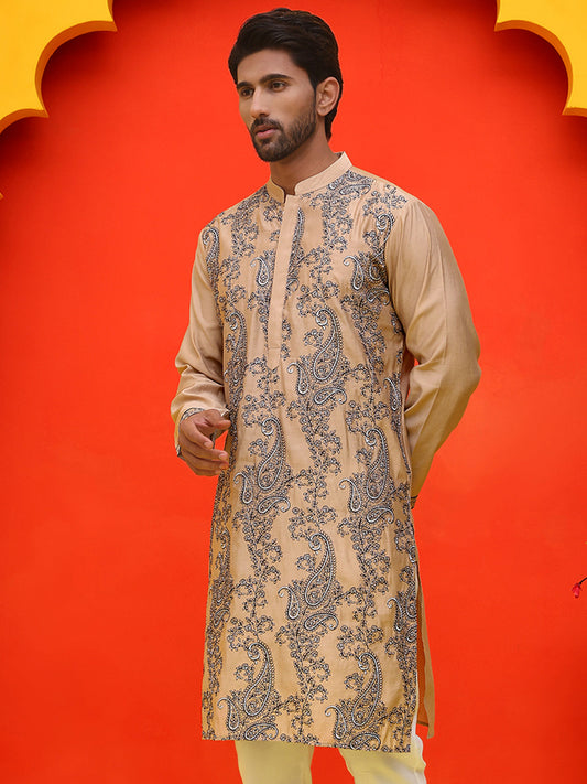 Embroidered & Sequins Kurtas For Men ( KO 5230 Beige )