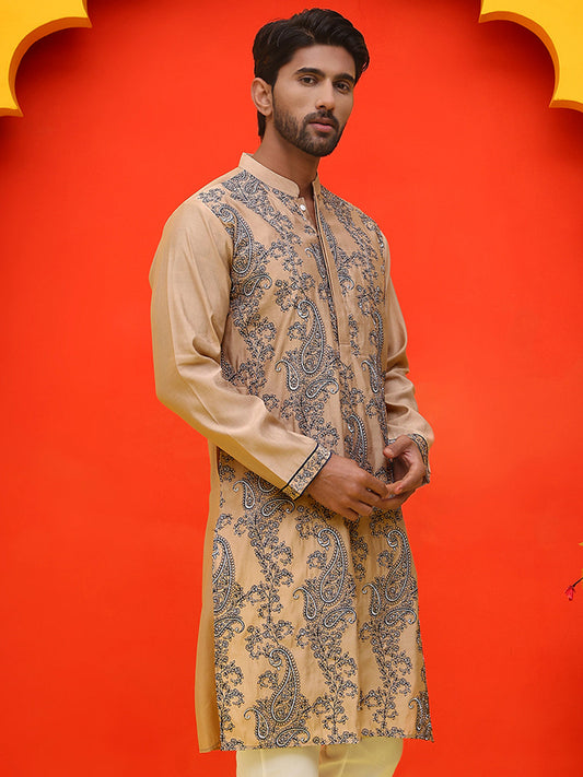 Embroidered & Sequins Kurtas For Men ( KO 5230 Beige )