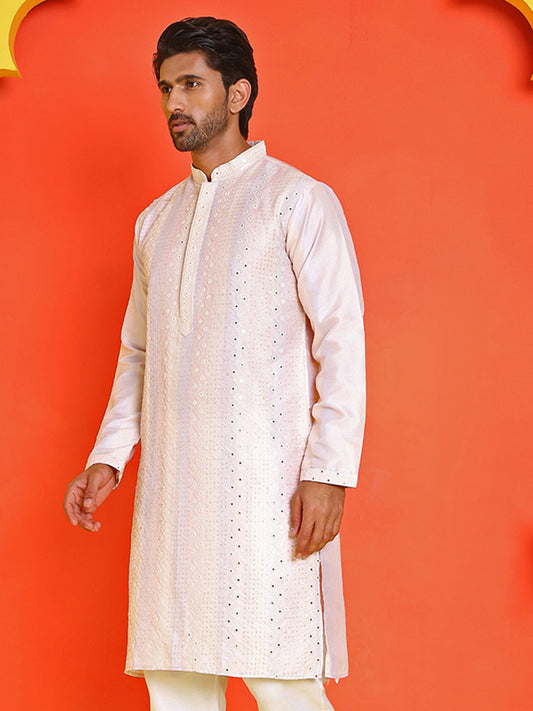 Embroidered and mirror work straight Kurtas For Men, ( KO 5231 Peach )