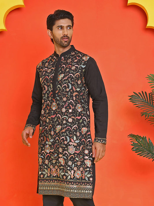 Floral Embroidered Straight Kurtas ( KO 5235 Black )