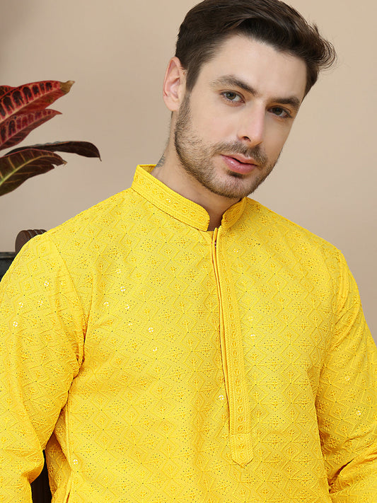 Embroidered Cotton Kurtas for Men ( KO 5244 Yellow )