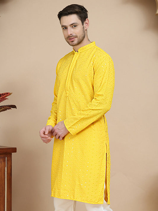 Embroidered Cotton Kurtas for Men ( KO 5244 Yellow )