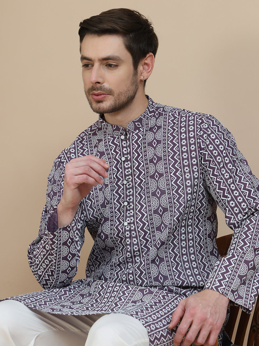 Geometric Print Silk Blend Straight Kurtas for Men ( KO 5250 Purple )