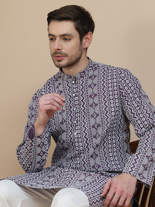 Geometric Print Silk Blend Straight Kurtas for Men ( KO 5250 Purple )