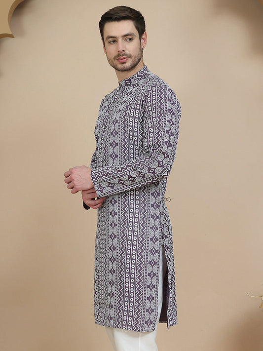 Geometric Print Silk Blend Straight Kurtas for Men ( KO 5250 Purple )