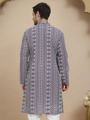 Geometric Print Silk Blend Straight Kurtas for Men ( KO 5250 Purple )