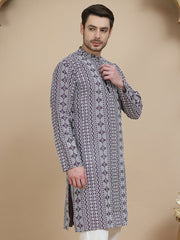 Geometric Print Silk Blend Straight Kurtas for Men ( KO 5250 Purple )