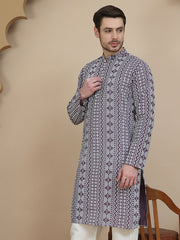 Geometric Print Silk Blend Straight Kurtas for Men ( KO 5250 Purple )