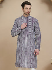 Geometric Print Silk Blend Straight Kurtas for Men ( KO 5250 Purple )