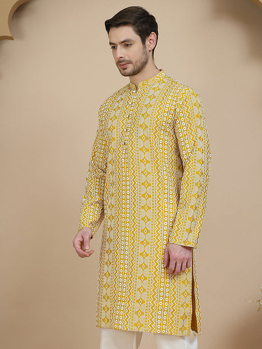 Geometric Print Silk Blend Straight Kurtas for Men ( KO 5250 Yellow )