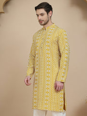 Geometric Print Silk Blend Straight Kurtas for Men ( KO 5250 Yellow )