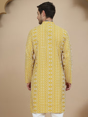 Geometric Print Silk Blend Straight Kurtas for Men ( KO 5250 Yellow )