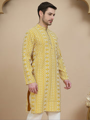 Geometric Print Silk Blend Straight Kurtas for Men ( KO 5250 Yellow )