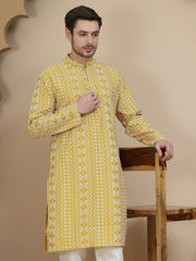 Geometric Print Silk Blend Straight Kurtas for Men ( KO 5250 Yellow )