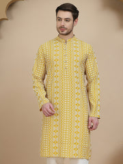 Geometric Print Silk Blend Straight Kurtas for Men ( KO 5250 Yellow )