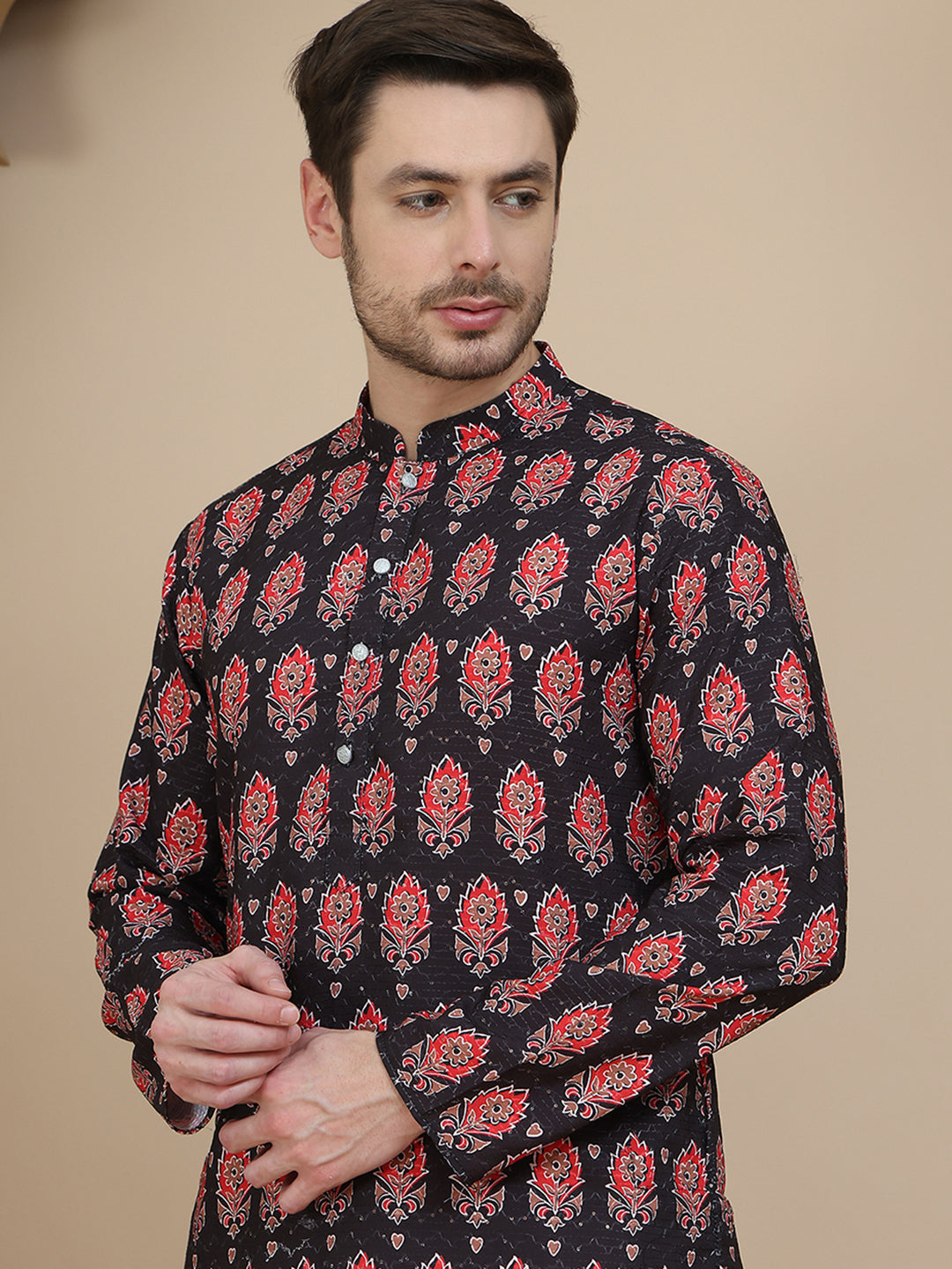 Printed Silk Blend Straight Kurtas for Men ( KO 5251 Black )