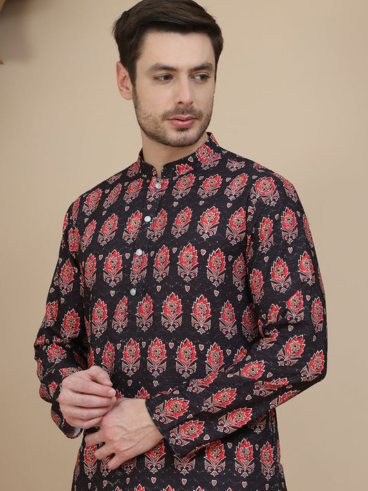 Printed Silk Blend Straight Kurtas for Men ( KO 5251 Black )