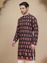 Printed Silk Blend Straight Kurtas for Men ( KO 5251 Black )
