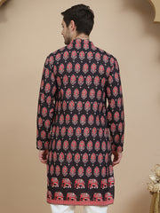Printed Silk Blend Straight Kurtas for Men ( KO 5251 Black )