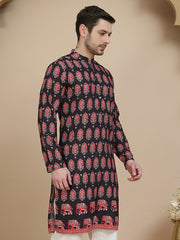 Printed Silk Blend Straight Kurtas for Men ( KO 5251 Black )