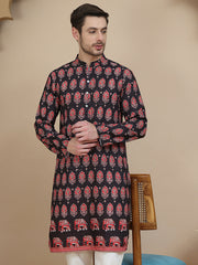 Printed Silk Blend Straight Kurtas for Men ( KO 5251 Black )