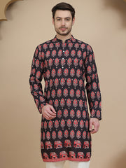 Printed Silk Blend Straight Kurtas for Men ( KO 5251 Black )