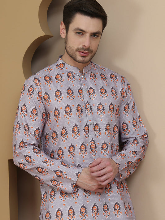Printed Silk Blend Straight Kurtas for Men ( KO 5251 Grey )
