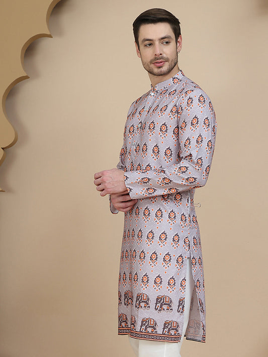 Printed Silk Blend Straight Kurtas for Men ( KO 5251 Grey )