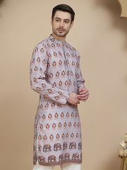 Printed Silk Blend Straight Kurtas for Men ( KO 5251 Grey )