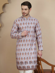 Printed Silk Blend Straight Kurtas for Men ( KO 5251 Grey )