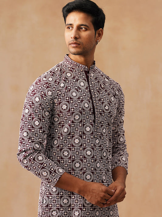 Classic Geometric Embroidered Kurtas ( KO 5279 Wine )