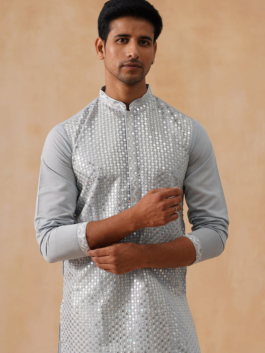 Embroidered Mirror Work Kurta Pyjama ( KO 5286 Grey )
