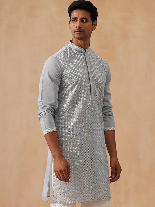 Embroidered Mirror Work Kurta Pyjama ( KO 5286 Grey )