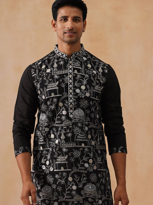 Silk Blend Embroidered Kurtas ( KO 5288 Black )