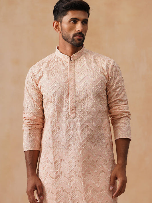 Floral Thread Embroidered Silk Blend Kurtas ( KO 5292 Peach )