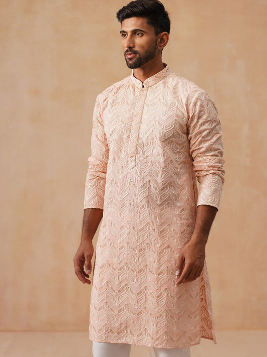 Floral Thread Embroidered Silk Blend Kurtas ( KO 5292 Peach )
